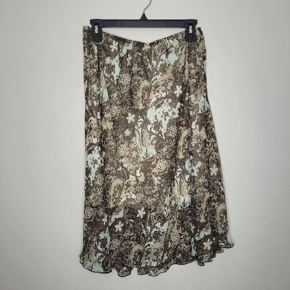 Notations blue brown grunge abstract floral print pull on a line knee skirt Med